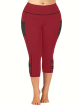 Plus Size 2024 New Summer Sporty Casual Leggings, Women's Oversized Fashion Plain High Rise Contrast Mesh Capri Leggings