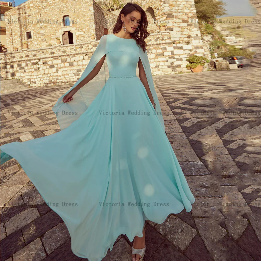 Elegant Chiffon Mother of the Bride Dresses O Neck Long Sleeves Wedding Party Gowns Beadings Ankle-Length A-Line فستان سهرة