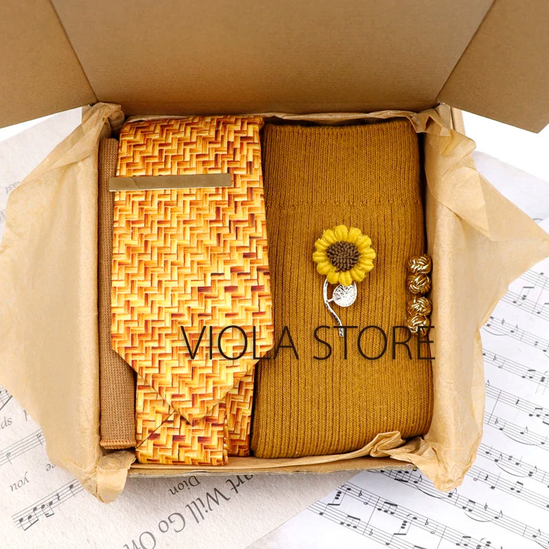 Viola Design 6PCS Gift Box Floral Solid Cotton Sock Tie Sets Clip Pin Cufflinks Hankie Men Wedding Party Daily Cravat Accessory