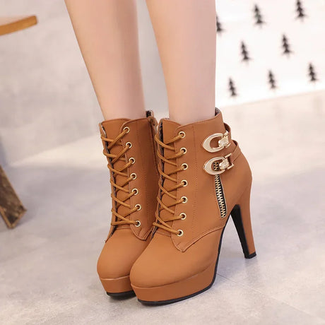 2023 Plus Size 35-43 Platform Boots Autumn Winter Women Boots High Quality Solid Lace-up Ladies Shoes PU Leather Heels Women