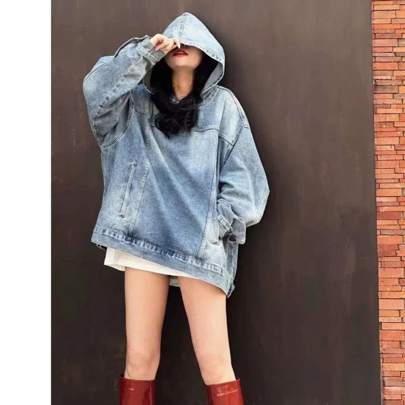 Spring Autumn Women Jacket Vintage Denim Hoodie Sweatshirts Long Sleeve Harajuku Y2k Pullover Denim Streetwear Hip Hop Outerwear