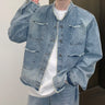 Men's Casual Washed Denim Jacket Streetwear Ripped Stand Collar Texture Korean Harajuku Retro Long Sleeve Luxury Coat 2024 New