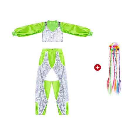 ZZL Fashion K-pop Stage Outfits for Girls Green Silver Sequin Costume Jazz Dance Hip-hop Clothes Catwalk Performance Wear