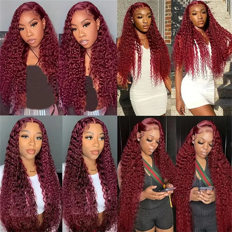 30 40 Inch Curly 99j burgundy 13x4 Lace Front Human Hair Deep Wave 13x6 Lace Frontal Wig Brazilian For Women