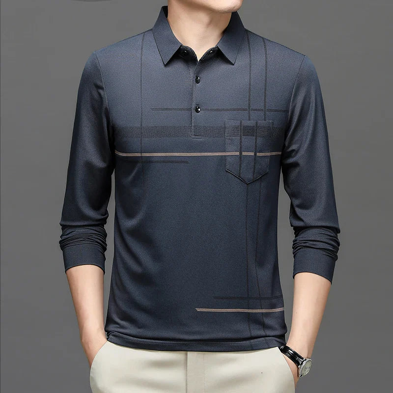 Spring Autumn Striped Business Polo Shirt Men's Long Sleeve Pullover T Shirt Turn-down Collar Tops