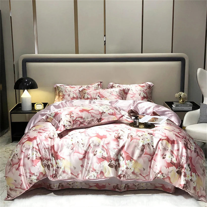 Mulberry Silk 4 Pieces Comforter Bedding Set, 1PC Duvet Cover, 1PC Bed Sheet, 2PCS Pillowcases, Luxury Home Textiles Bedclothes