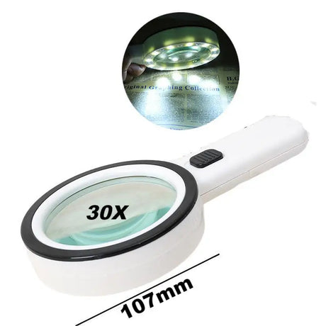 30X Handheld Magnifier Magnifying Glass with 12 LED Light Illuminated for Reading Soldering Jewelry Watch Repair Welding Glasses