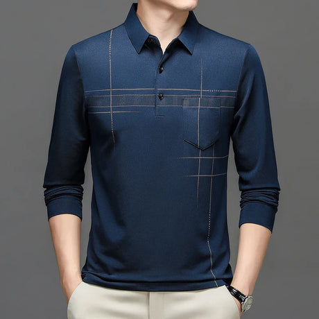 Spring Autumn Striped Business Polo Shirt Men's Long Sleeve Pullover T Shirt Turn-down Collar Tops