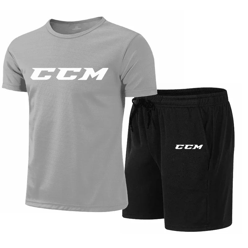 Summer Men's Fitness Fashion Men's Casual Sportswear Suit Quick Drying Sports Suit CCM Short Sleeve T-Shirt + Shorts 2 Piece Set