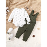 3-24 Months Toddler Baby Boy and Girl 2pcs Clothes Set Bear Print Bodysuit with Green Overall Fashion Cute Autumn&Winter Wear