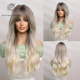 Blonde Unicorn Ombre Brown Blonde Synthetic Wig Long Wavy Wigs with Bangs Daily Cosplay Party Use Heat Resistant Fiber for Women