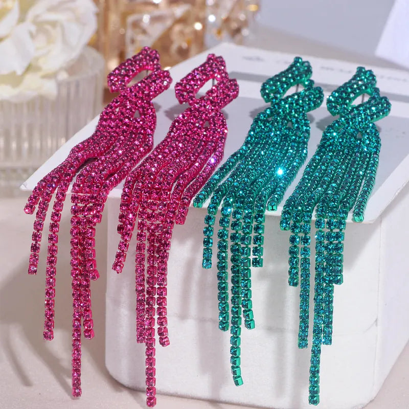 2022 New Sparkling Full Rhinestone Long Tassel Dangle Earrings for Women Bijoux Trendy Large Drop Earrings Wedding Jewelry Gifts