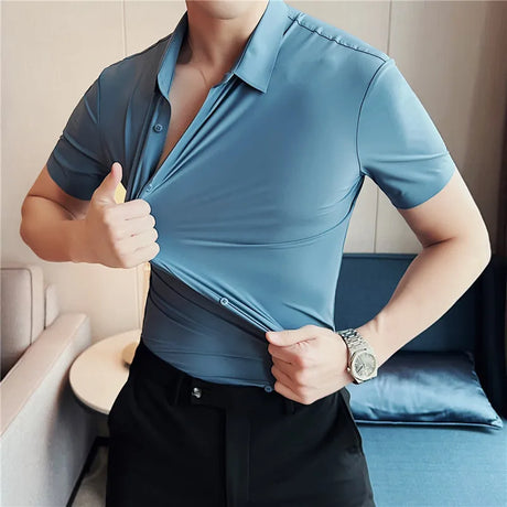 Men Short sleeve Shirt 2023 Summer New Thin Breathable High Elastic Slim Fit Solid Casual Formal Dress Shirt Korean Men Clothing