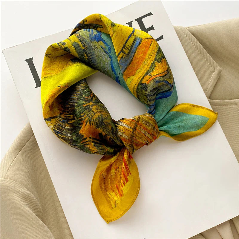 Horse Print 100% Real Silk Square Scarf Women Luxury Brand Small Neckerchief Female Hair Hand  Wrist Foualrd Scarves Bandana