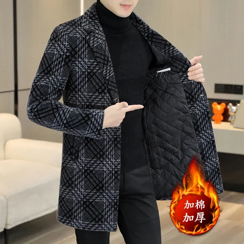 British Plaid Mens Thick Trench Coat Winter  Men's Woolblen Windbreaker Single Breasted Long Jacket Abrigo Largo Hombre