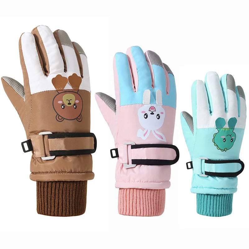 Cartoon Kids Gloves Thickened Warm Winter Ski Five-Finger Gloves for Children Windproof Boys Girls Snow Accessories 4-12 Years