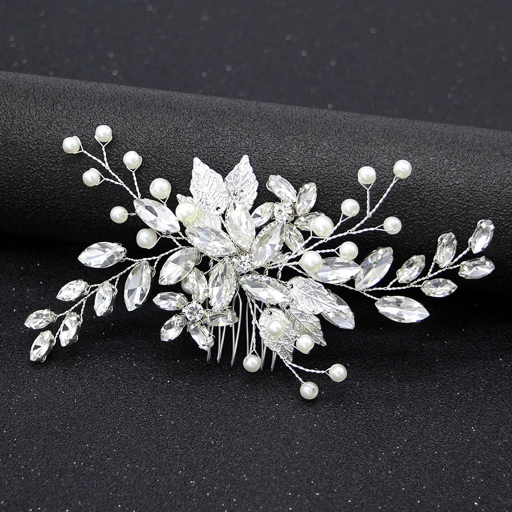 Silver Color Flower Hair Comb Clip Girls Handmade Alloy Pearl Hairpin Bridal Tiaras Wedding Hair Accessory Crystal Hair Jewelry