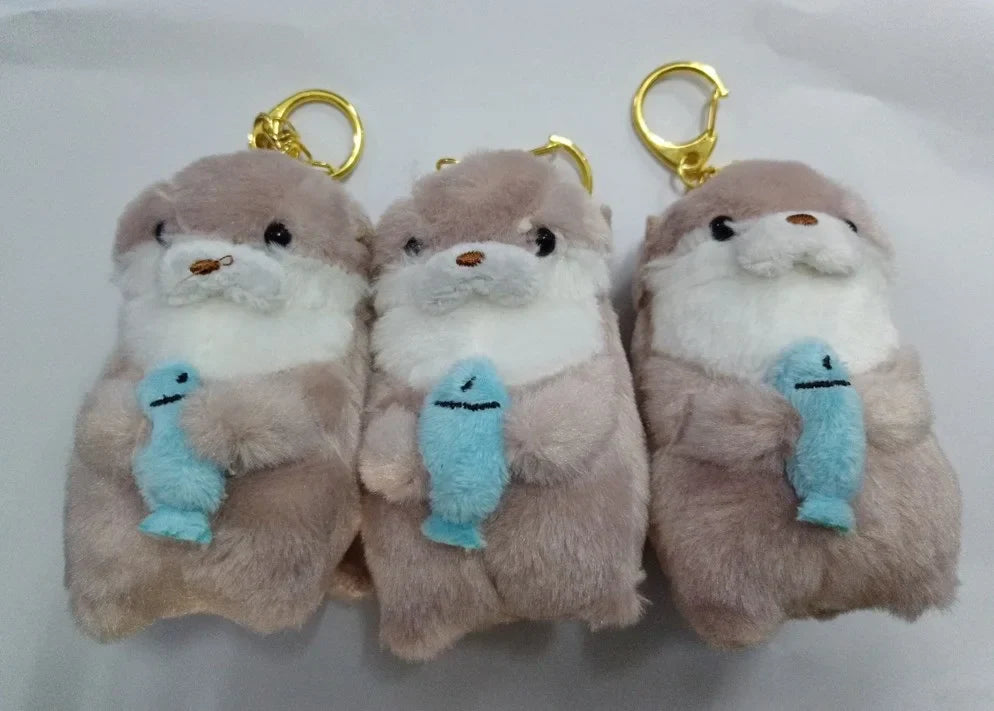 Cute Otters Holding Fish Plushie Keyrings Lightweight Hanging Pendant Props For Schoolbag Key Wallet