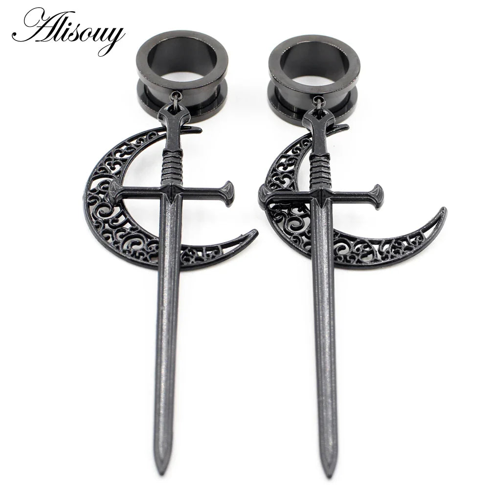 Alisouy 1PC Stainless Steel Water Drop Stone Star Moon Sword Skull Bees Dangle Earring Ear Gauge Plug Tunnel Expander Stretcher