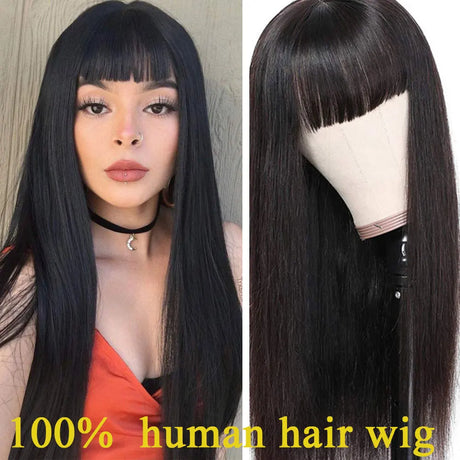 100% Human Hair Wigs Straight Hair With Bang Fringe For Women Brazilian Bob Wig Glueless Full Machine Made With Bangs 30 Inch