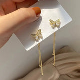 Butterfly Crystal Long Tassel Dangling Earrings For Women Korean Fashion Dainty Gold Plated Drop Earrings Jewelry Accessories