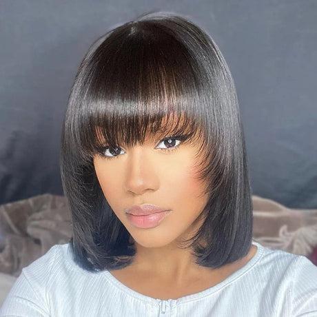 Debut Straight Bob Human Hair Wigs With Bangs Short Brazilian Human Hair Bob Wigs For Woman Full Machine Made Human Hair Wigs