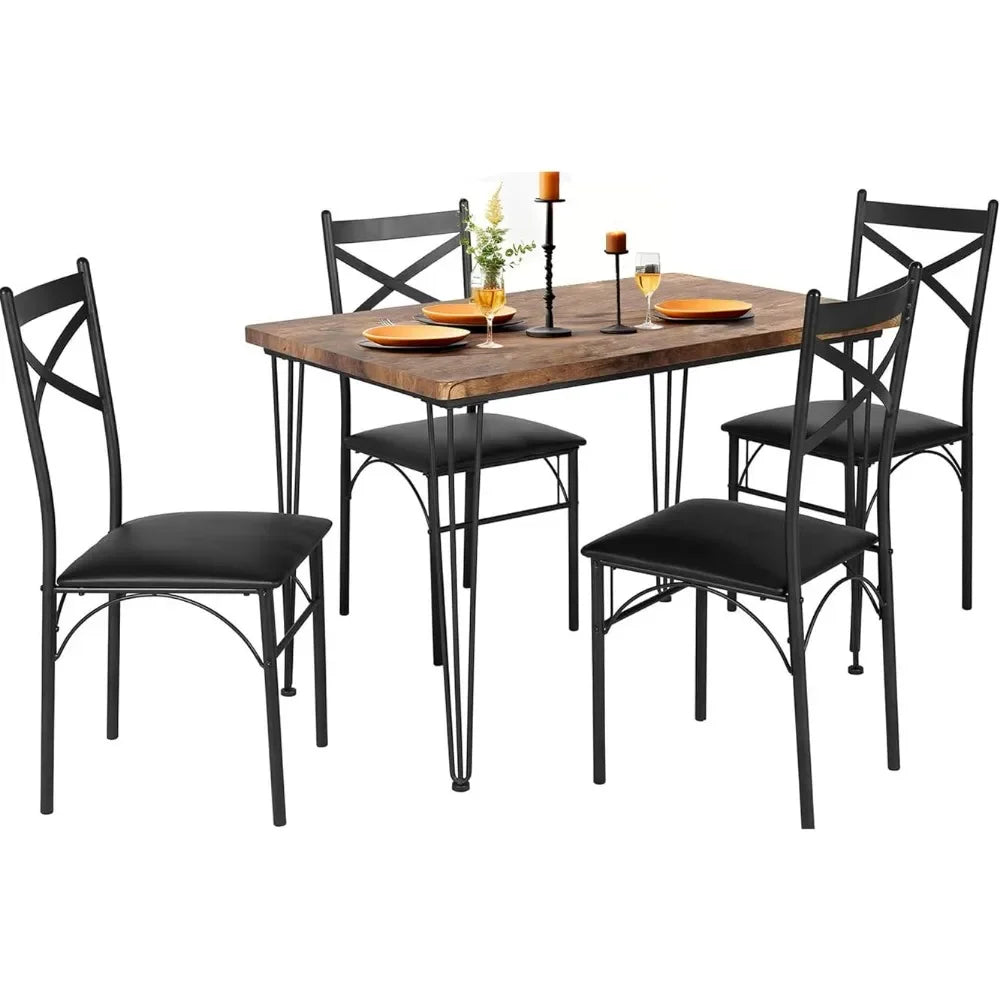 5-Piece Set for Home Kitchen Breakfast Nook, with 4 Chairs, Black, Dining Room for 4, Retro Brown Dining Tables set