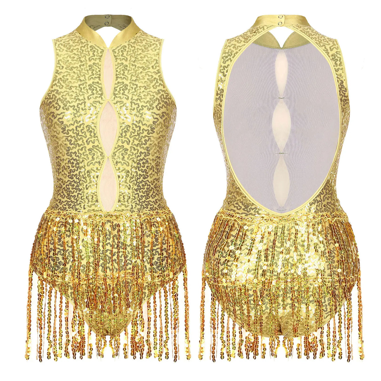 Womens Ballroom Dance Performance Costume Latin Jazz Samba Dance Wear Glitter Sequins Tassel Leotard Sleeveless Shiny Bodysuit