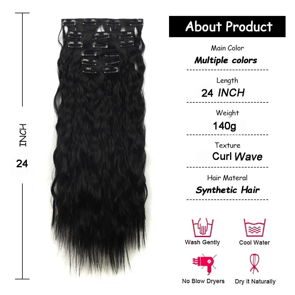 Long Curl Wave Clip In Hair Extensions 6Pcs/Set 16 Clips High Tempreture Synthetic Hairpiece Clip In Hair Extensions 24Inch