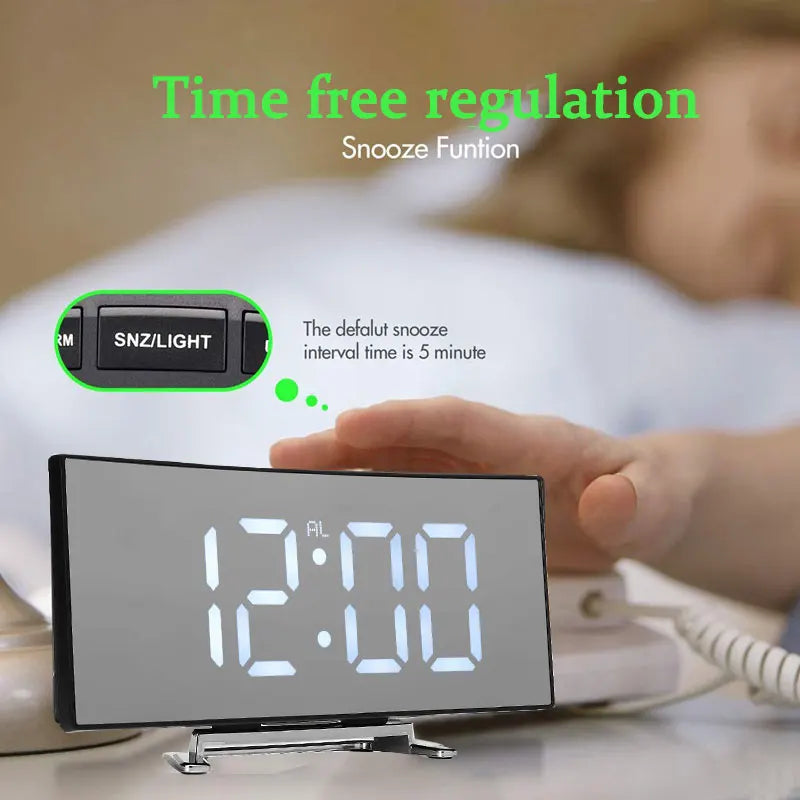 Led Alarm Clock Digital Children Electronic Alarm Clocks Curved Screen Mirror Temperature Clock with Snooze Function Desk Clock