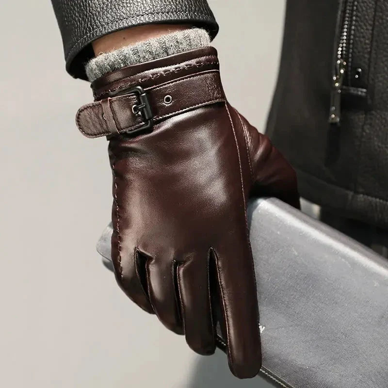 Sheepskin Genuine Leather Men's Gloves Fashion Driving Riding Gloves Warm Cashmere Lined Thin Mittens For Male Free Shipping