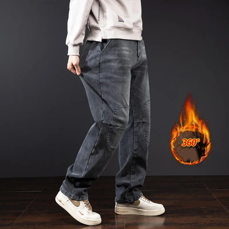 Winter Men's Spliced Jeans Brushed Thick Hip Hop Baggy Warm Denim Pants Casual Cargo Trousers Loose Jean Mens Bottoms