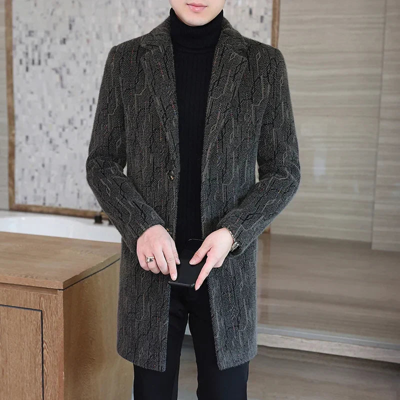 2023 High-end Feel Men Fashion Handsome All Woolen Coat Suit Collar Long Trench Coat Woolen Coat Thick Casual  Winter Jacket Men