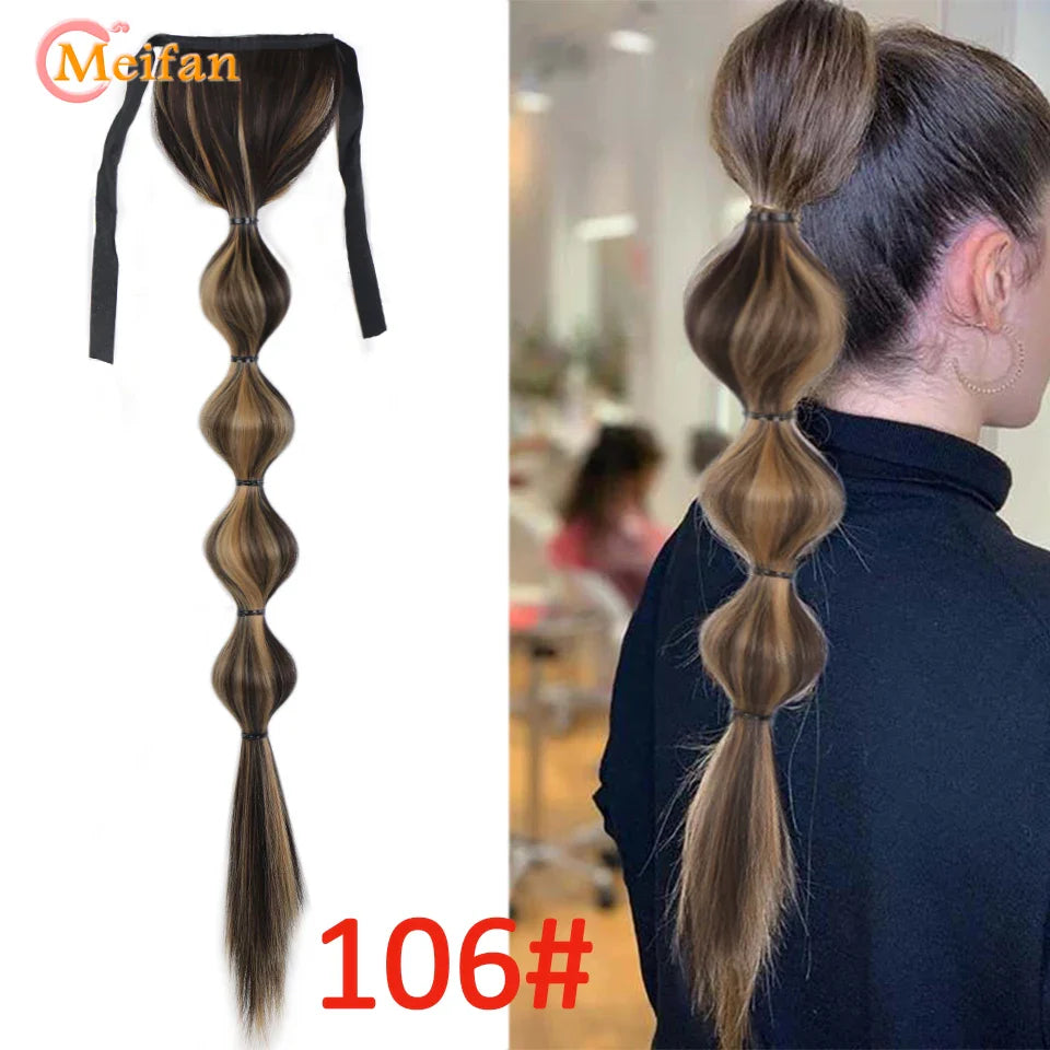 MEIFAN Synthetic Long Hair Lantern Bubble Ponytail Clip in Drawstring Brown Bubble Braids Natural Fake Pony Tail Hair Extensions