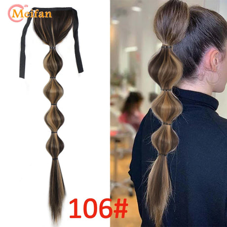 MEIFAN Synthetic Long Hair Lantern Bubble Ponytail Clip in Drawstring Brown Bubble Braids Natural Fake Pony Tail Hair Extensions