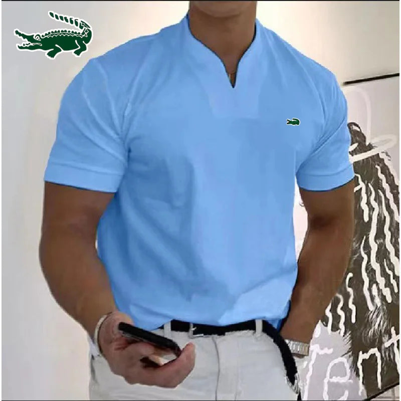 Men's V-neck High-quality Cotton Embroidered Polo Shirt Spring/Summer New Short Sleeved T-shirt Casual Sports Breathable Short S