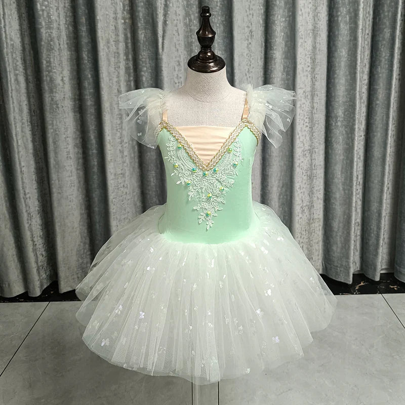 2023 New Ballerina Fairy Prom Party Costume Kids Blue Sequined Flower Dress Girls Dance Wear Gymnastic Ballet Leotard Tutu Dress