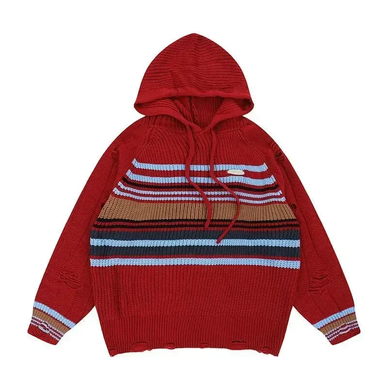 Man Clothes Aesthetic Pullovers Knitted Sweaters for Men Icon Hoodies Torn with Holes Striped Red Sweat-shirt Fashion 2023 Meme