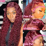 99J Colored Lace Front Human Hair Wigs Deep Wave Burgundy 13x4 HD Transparent Full Lace Frontal Wig Glueless Curly Wig For Women