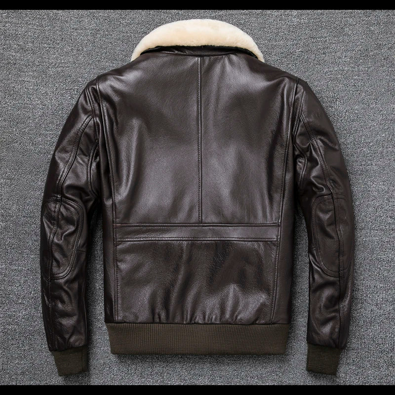 Plus Size Bust 140cm Bomber Men Genuine Leather Jacket Natural Fur Collar Classic Casual G1 Real Cowhide Mens Coat Winter Warm