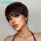 Lekker Wear and Go Short Pixie Cut Straight Bob Human Hair Wig With Bangs For Black Women Brazilian Remy Hair Natural Brown Wigs