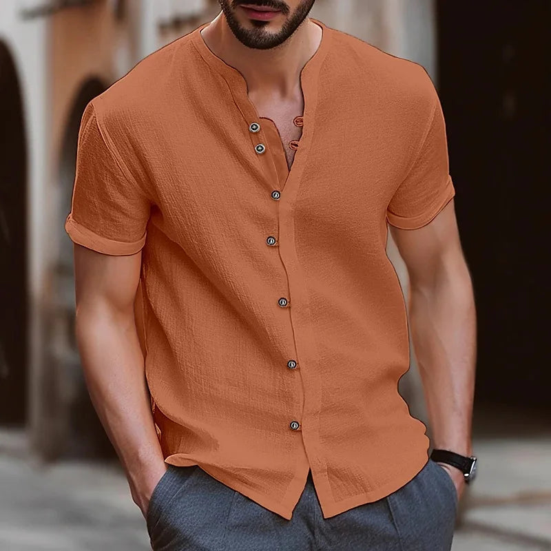 2023 Hot selling men Hawaii new fashion design men's casual retro buttons solid color cotton linen breathable short-sleeved shir