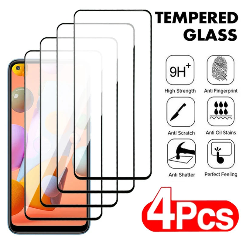 4Pcs Full Cover Tempered Glass For Samsung Galaxy A01 A11 A21 A31 A41 A51 A71 Protective Glass M11 M21 M31 M51 Screen Protector