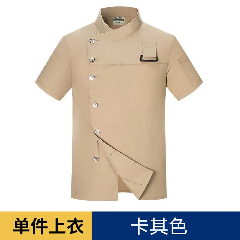 Men Grey Chef Coat Logo short Sleeve Chef Jacket Apron for Summer Head Chef Uniform Restaurant Hotel Kitchen Cooking Clothes