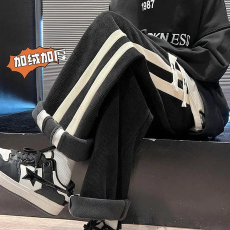 Fleece Thicken Corduroy Wide-leg Pants Men's Harajuku High Street Side Stripes Pants Casual Straight Elastic Waist Sweatpants