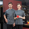 Men Grey Chef Coat Logo short Sleeve Chef Jacket Apron for Summer Head Chef Uniform Restaurant Hotel Kitchen Cooking Clothes