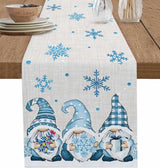 Christmas Blue Gnomes Winter Snowflake Linen Table Runners Table Decor Reusable Xmas Dining Table Runners Navidad Decorations