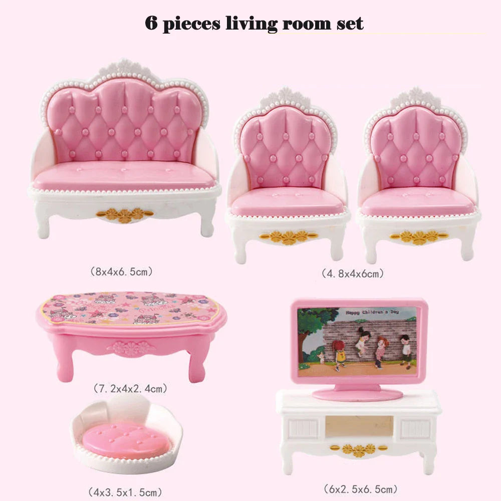 33 Items/lot Cute Pink Miniature Dollhouse Furniture Accessories Kids Toys Bathroom Bedroom Kitchen Cooking Things For Barbie