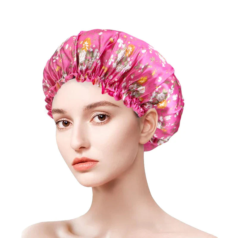 Women Satin Bonnets Printed Floral Edge Nightcap Fashion Imitated Silk Fabric Home Cap Lady Elastic Hair Care Beauty Makeup Hat