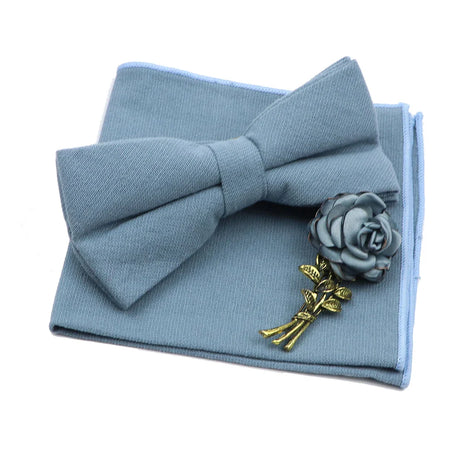 Solid Color Mens Bowtie Brooch Set 100% Cotton Pink Blue Bow Tie Flower Lapel Pin Romantic Wedding Party Suit Shirt Accessories